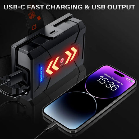 Crazy Bright Rechargeable LED Headlamp 99,000 Lumens With 95 Hour Run Time connected to phone via USB-C cable