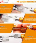 Heavy Duty Molex Pin Extractor Tool For Mini Fit Jr Terminals With Built In Plunger Depinning Setup No Sweat Electrical Wire Contact Puller For Car Guys And Weekend Warriors steps showing pin extraction process with tool and connector.