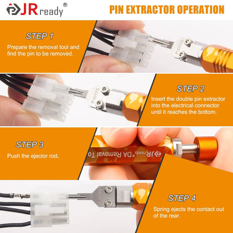 Heavy Duty Molex Pin Extractor Tool For Mini Fit Jr Terminals With Built In Plunger Depinning Setup No Sweat Electrical Wire Contact Puller For Car Guys And Weekend Warriors steps showing pin extraction process with tool and connector.