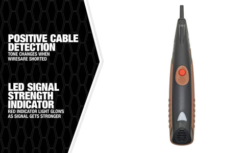 Pro Grade Contractor Amplifier Probe For Tracing Non Energized Cables Behind Walls With Built In Led Flashlight Signal Strength Indicator And Audio Feedback with red button and signal indicator on black background