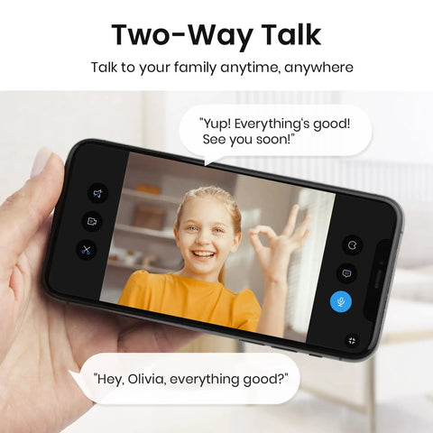 Smartphone displaying live feed from 2K Indoor Security Cam for Home, Baby Monitor and Pet Cam, 360-Degree Coverage, 2.4 GHz Wi Fi