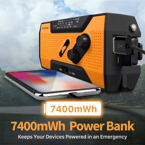NOAA Emergency Weather Radio With 7400mWh Power Bank AM FM USB Solar Hand Crank Charging Battery Operated Survival Radio