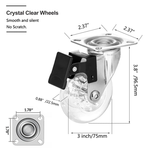 4 Pack 3 Inch Swivel Caster Wheels For Furniture 800Lbs Lockable Heavy Duty Clear Polyurethane Rolling Wheels With 360 Degree Top Plate For Cabinet Ottoman Bench Gel Clear Not For Chair Legs, detailed dimension view of caster with top plate and brake