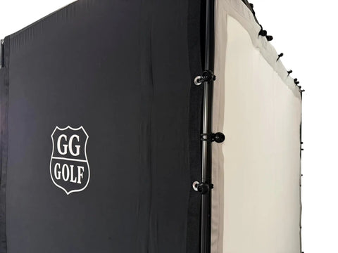 Complete Golf Practice Backdrop Enclosure Gear With Poles Corner Connectors Side And Top Netting Impact Screen And Carry Bag For A 10 Feet By 8 Feet Indoor Home Golf Setup close-up angle