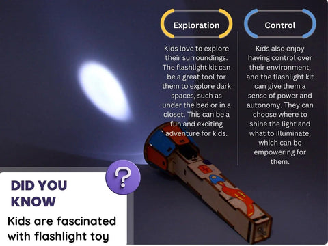 DIY Wooden Flashlight STEM Kit For Kids Aged 8 To 12 Battery Operated Educational Science Project With Built In Switch Hands On Learn Basic Circuits And Build A Real Working Flashlight. Wooden flashlight kit lit on dark surface for kids