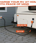 Overload Protected Heavy Duty RV Power Adapter Cord 50 Amp To 110 Volt With Built In 15 Amp Circuit Breaker connected to RV