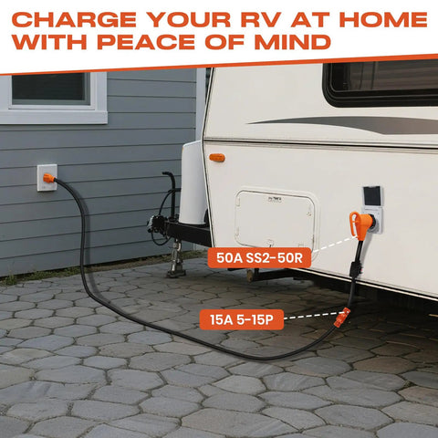 Overload Protected Heavy Duty RV Power Adapter Cord 50 Amp To 110 Volt With Built In 15 Amp Circuit Breaker connected to RV