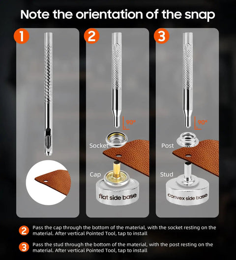 Installation steps for Extended Version Canvas Snaps Kit with 140 pcs heavy duty stainless steel fasteners for thick fabric.