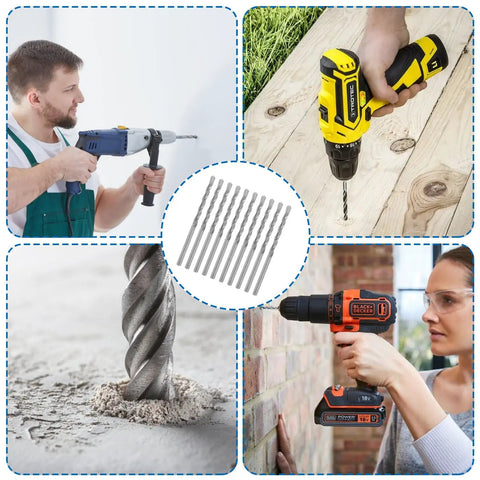 18 Piece Drywall Router Bits Set With One Eighth Inch Shank For Wood Plastic And Drywall Pro Grade M2 High Speed Steel Cutting Bits For Precision Cuts On Rotary Tools in various drills and applications; bits in center image with drills on wood, concrete, and brick.