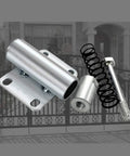Metal gate hinge kit with spring and bolts, background gate, close-up view