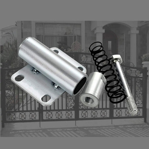 Metal gate hinge kit with spring and bolts, background gate, close-up view