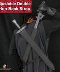 Back view of Kiritos Dark Repulser Elucidator Dual Sword Set With Back Sheath, stainless steel blades, nylon straps shown