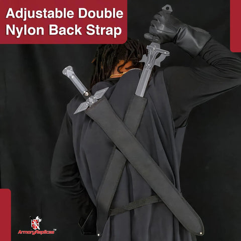Back view of Kiritos Dark Repulser Elucidator Dual Sword Set With Back Sheath, stainless steel blades, nylon straps shown