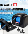 45 Lb Electric Boat Anchor Winch For Saltwater Boats With Wireless Remote, 98.42 Ft Pre Wound Rope, 12V Marine Windlass, Tough As Nails Heavy Duty Copper Motor, Fast Hoist, Sturdy Black Finish, black anchor winch with blue rope on boat deck