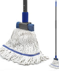 Heavy Duty Commercial String Mop With Extension Handle Absorbs Liquids And Debris Fast with blue microfiber wedge head.