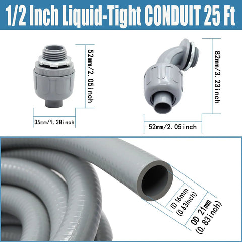 One Half Inch Liquid Tight Non Metallic Electrical Conduit Kit With 25 Ft Flexible Conduit And Five Straight 180 Degree Fittings
