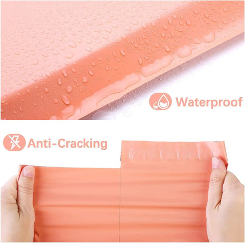 Close-up of Peach Pink 12x15.5 Inch Poly Mailers 100 Pack Medium Self Seal Shipping Bags showing waterproof and anti-cracking features.