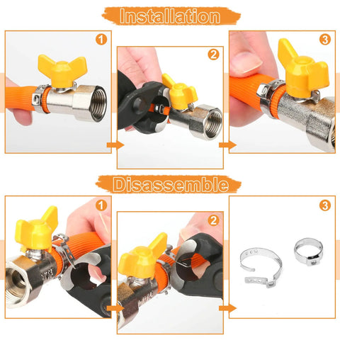 120pc stainless steel single-ear hose clamp kit with ear clamp pincer; installation and disassembly on an orange hose.