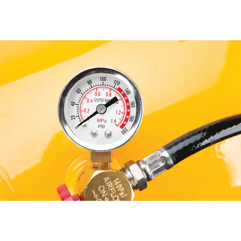 Pressure gauge of Hi-Viz 11-Gallon Horizontal Portable Air Tank With Tire Air Chuck visible against yellow tank