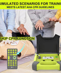 XFT AED trainer with remote, neon yellow defibrillator simulator and CPR mannequin with pad leads, 8 training scenarios.