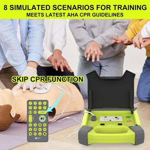 XFT AED trainer with remote, neon yellow defibrillator simulator and CPR mannequin with pad leads, 8 training scenarios.