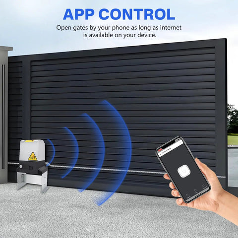 Heavy Duty 4400lb Automatic Sliding Gate Opener Kit With APP Control 750W Motor and phone displaying app control feature
