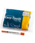 Easy-Touch U-100 insulin syringe with 31G short 5/16 in needle, orange cap, blue/yellow packaging, box of 100