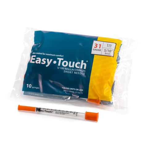 Easy-Touch U-100 insulin syringe with 31G short 5/16 in needle, orange cap, blue/yellow packaging, box of 100