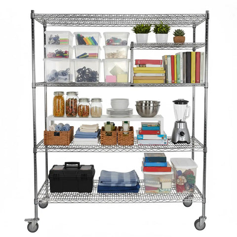 Heavy Duty Five Tier Metal Shelving Unit With Wheels For Easy Mobility And High Capacity Industrial Wire Racks Each Shelf 250kg