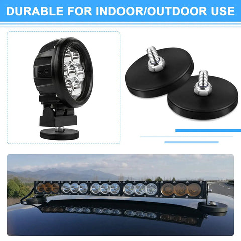 Six Pack Black Rubber Coated Neodymium Magnets With 31 Lbs Pull, M6 Threaded Studs Base shown with light bar and surface mounts