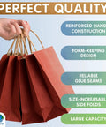 Red Kraft Paper Bags With Handles 16x6x12 Inches Pack Of 250 150 GSM Foldable Gift Bags shown with features and benefits.