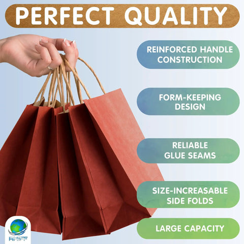 Red Kraft Paper Bags With Handles 16x6x12 Inches Pack Of 250 150 GSM Foldable Gift Bags shown with features and benefits.