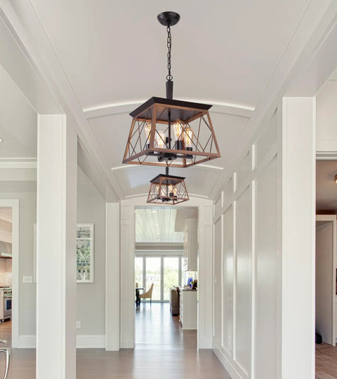 Farmhouse Rustic Chandelier With Antique Geometric Industrial Design In Bronze Four Light Hanging Fixture For Dining Room Kitchen Island Entryway Foyer UL Listed Vintage Oil Rubbed Bronze Finish For A Cozy Modern Vibe in hallway