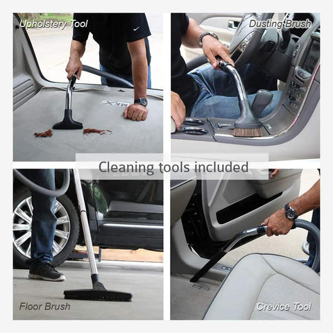 Wall Mounted Garage Vacuum With 50 Ft Hose And Tools Heavy Duty 7 Gallon Steel Can showing upholstery, dusting, floor, crevice tools