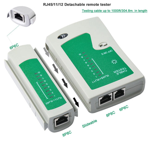 Pro Grade Pass Through RJ45 Crimp Tool Kit With Cutter For Cat5 Cat5e Cat6 Cat6a 8P8C Modular Connectors, All In One Ethernet Crimping Tool And Tester showing detachable remote tester.