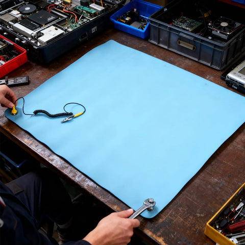 Fabater ESD anti-static blue rubber mat on workstation with grounding wire and alligator clip.