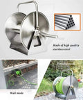 No Sweat Stainless Steel Garden Hose Reel Wall Or Floor Mounted Outdoor Hose Organizer With Smooth Operator Roll Cart used in wall mode and portable mode.