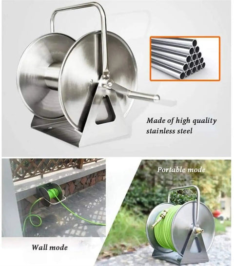 No Sweat Stainless Steel Garden Hose Reel Wall Or Floor Mounted Outdoor Hose Organizer With Smooth Operator Roll Cart used in wall mode and portable mode.