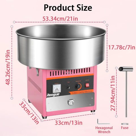 Dope High Power Cotton Candy Maker 980W dimensions with pink booth, showing size and included wrench and fuse