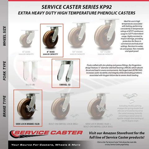 Rock Solid Extra Heavy Duty Swivel Caster Set With Hella Durable High Temp Phenolic Wheels, 8" size, 2500 lb capacity.