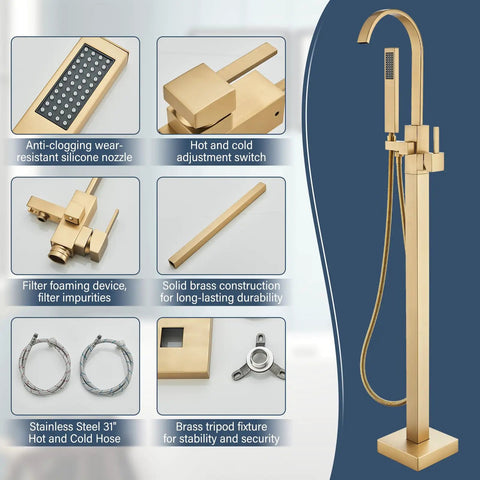 Floor Mount Freestanding Bathtub Faucet Set With High Flow Swivel Spout Chrome Finish Handheld Shower Mixer Taps Tub Filler