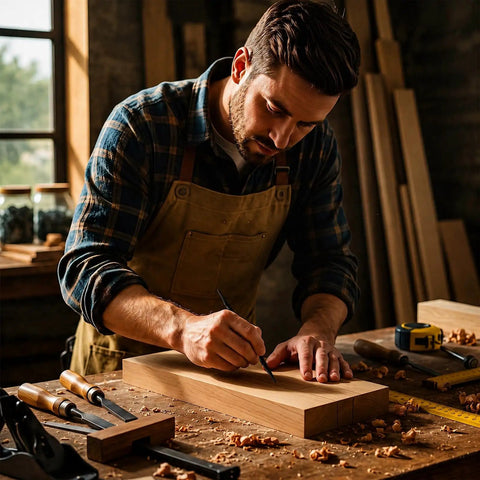 Man using Set Of Four Beefy Steel Scribes With Dual Tapered Points For Straight Shooting Layout Marks On Wood Metal And Tile to etch on wood.