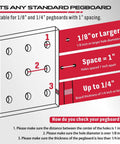 Fits any standard pegboard with 1/8" or 1/4" hole size, 1" spacing, diagram with compatibility instructions for pegboard use.
