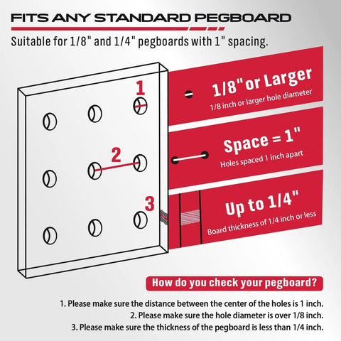 Fits any standard pegboard with 1/8" or 1/4" hole size, 1" spacing, diagram with compatibility instructions for pegboard use.