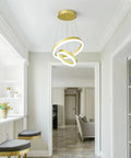 Modern LED Two Ring Gold Chandelier For Staircase Foyer And Living Room Contemporary Ceiling Pendant Light Fixture With High Ceiling 6000K Cool White Glow Luxe Gold Finish For A Lit Home Decor Upgrade in a foyer