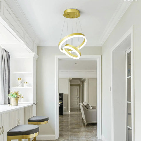 Modern LED Two Ring Gold Chandelier For Staircase Foyer And Living Room Contemporary Ceiling Pendant Light Fixture With High Ceiling 6000K Cool White Glow Luxe Gold Finish For A Lit Home Decor Upgrade in a foyer