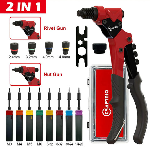 "All In One Workhorse Rivet Nut Tool And Rivet Gun With 360 Degree Swivel Head For Tight Spaces Includes 4 Rivet Heads 8 Mandrels"