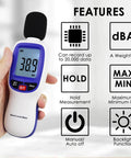 Portable Bluetooth Decibel Meter With Data Logging And Smartphone App Connectivity, Records 30 To 130 DBA Noise Levels, Includes Data Hold, Max Min Alarm, And Backlit LCD Display For Easy Readouts, handheld
