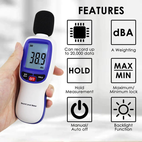 Portable Bluetooth Decibel Meter With Data Logging And Smartphone App Connectivity, Records 30 To 130 DBA Noise Levels, Includes Data Hold, Max Min Alarm, And Backlit LCD Display For Easy Readouts, handheld