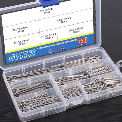 Open box showing All In One 340 Piece Six Sizes 304 Stainless Steel Cotter Pin Clip Assortment Kit for Automotive Mechanics use
